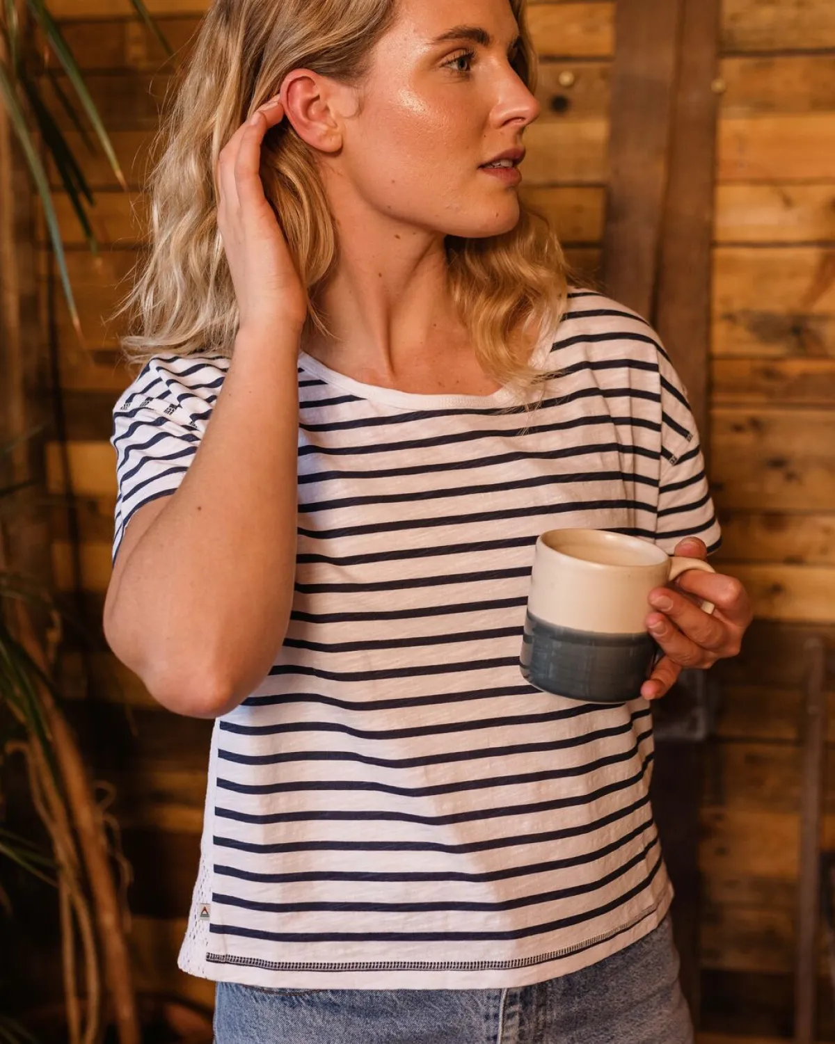 T-Shirts & Tank Tops|Tops & T-Shirts|Passenger Magnolia Recycled Cotton Crochet Trim T-Shirt - Navy Stripe NavyStripe