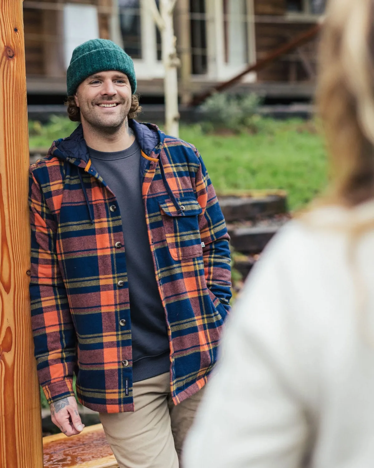 Shirts|Shirts|Passenger Sherwood Check Hooded Shirt Jacket - Rich Navy/Burnt Orange RichNavy/BurntOrange