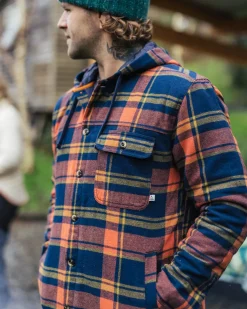 Shirts|Shirts|Passenger Sherwood Check Hooded Shirt Jacket - Rich Navy/Burnt Orange RichNavy/BurntOrange